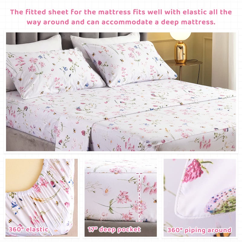 QSH Floral Bed Sheets Set Queen Size - Shabby Flower Bee Print Bed Sheet Set - Extra Soft and Breathable 100% Egyptian Cotton - 4 pcs Deep Pockets Flower Bed Sheets Queen Size Sets - Image 3